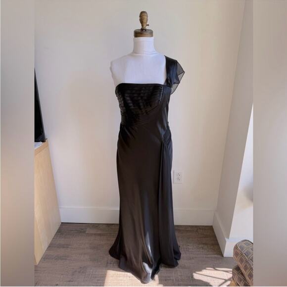 ABS ALLEN SCHWARTZ BLACK SILKY ONE SHOULDER PLEATED BODICE GOWN SIZE 4 - Picture 7 of 7